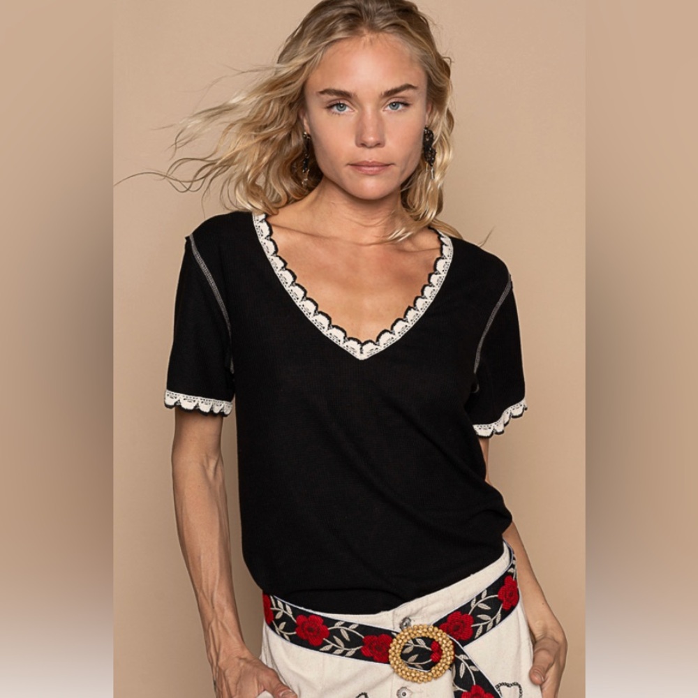 POL Black V-Neck Top with White Lace Trim